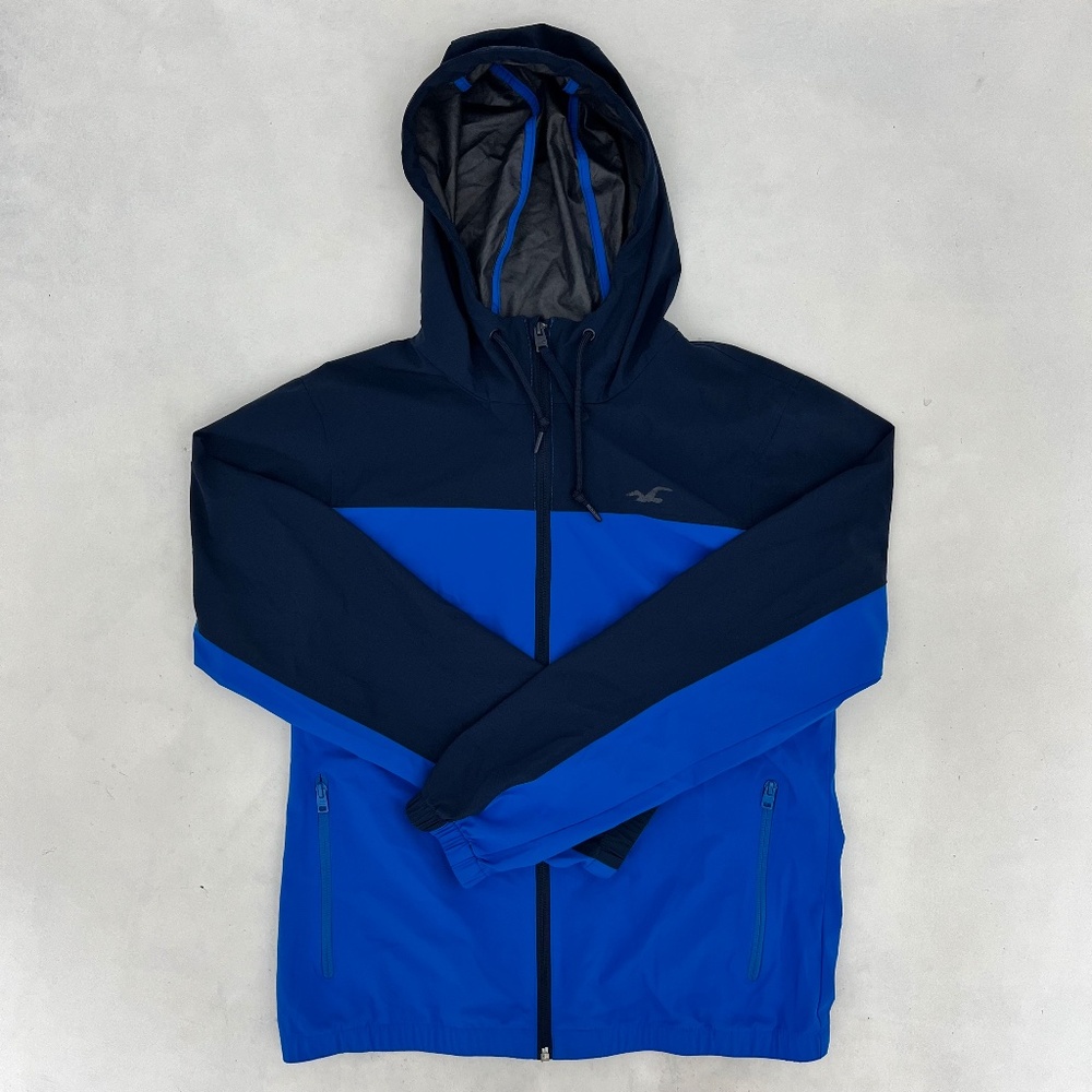 Hollister Co. Mens Size Medium Windbreaker Jacket Blue Black Hooded Long Sleeve